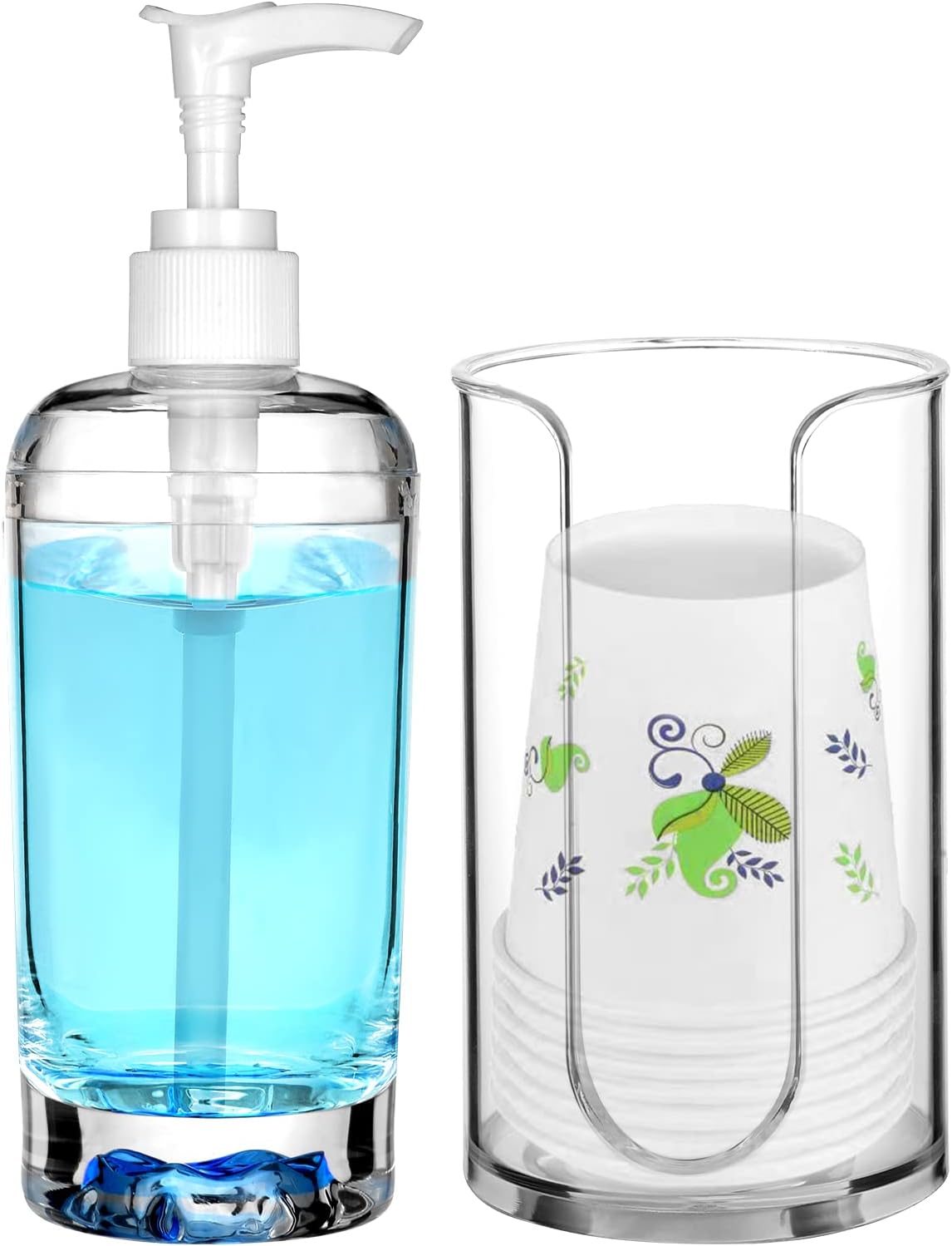 19.6 oz Countertop(1 Set) Patelai Mouthwash Dispenser with Cup Holder Clear Acrylic Refillable Mouth Wash Pump Bottle