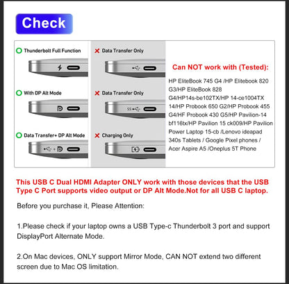 Laptop Docking Station Dual Monitor for Dell/HP/Lenovo/Mac, HDMI Splitter for Dual Monitors Extended Display, Dual Monitor Adapter 4K@60hz, USB C Docking Station for Laptop with HDMI/USB/PD/SD/TF
