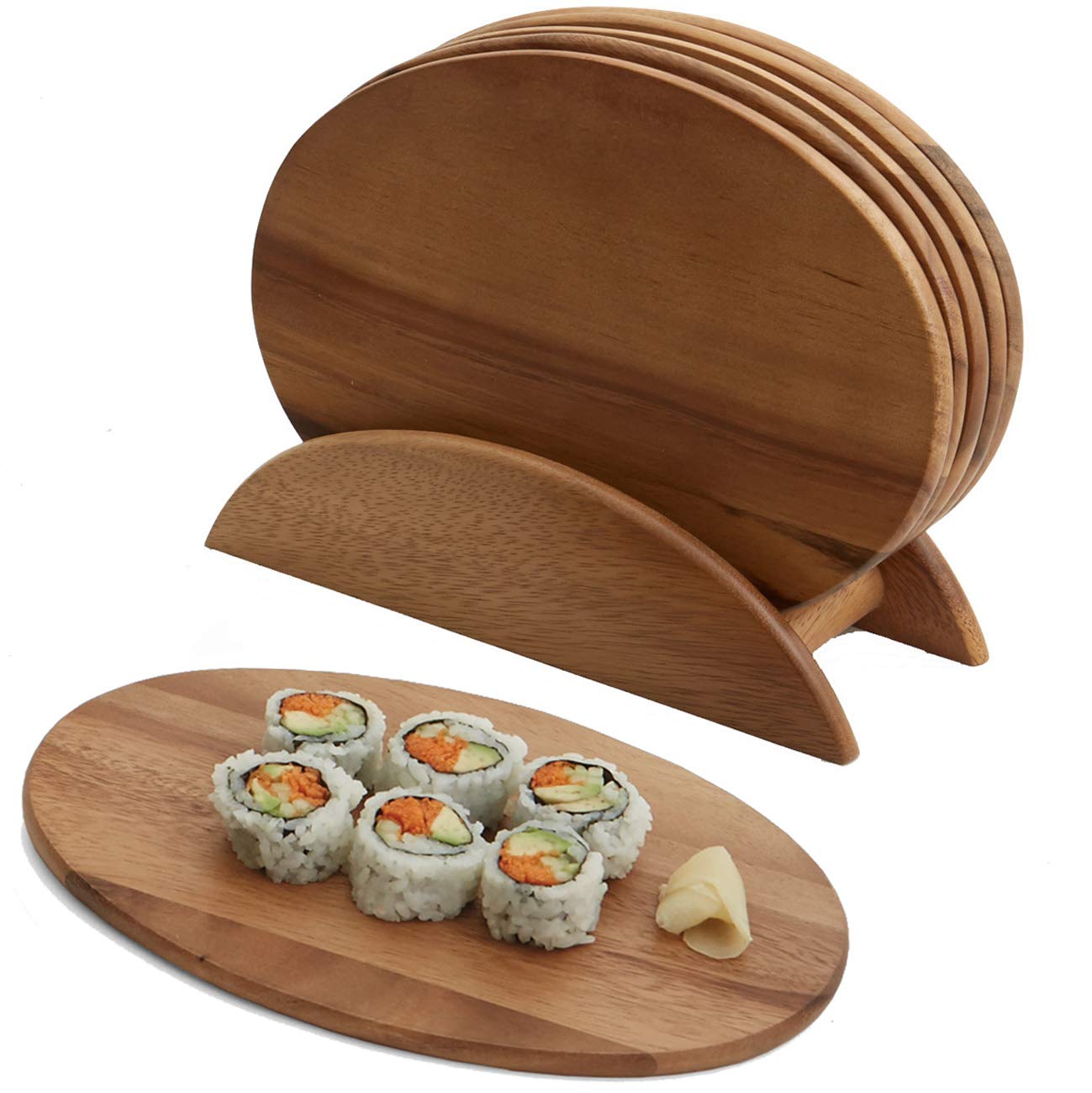 6 Acacia Wood Serving Boards with Stand, Perfect for Serving, Sushi, Cheese, Hors d'oeuvre, Charcuterie, Sandwiches by Woodard & Charles, 7 Piece Set, 9 1/2" x 6 1/2" ★★PACK OF 10★★