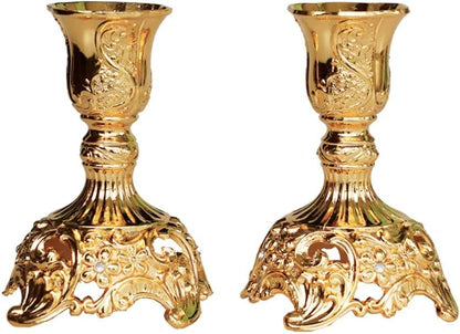 Taper Candle Holders with Deluxe Engraved Design, Set of 2 Premium Gold Candlestick Holders