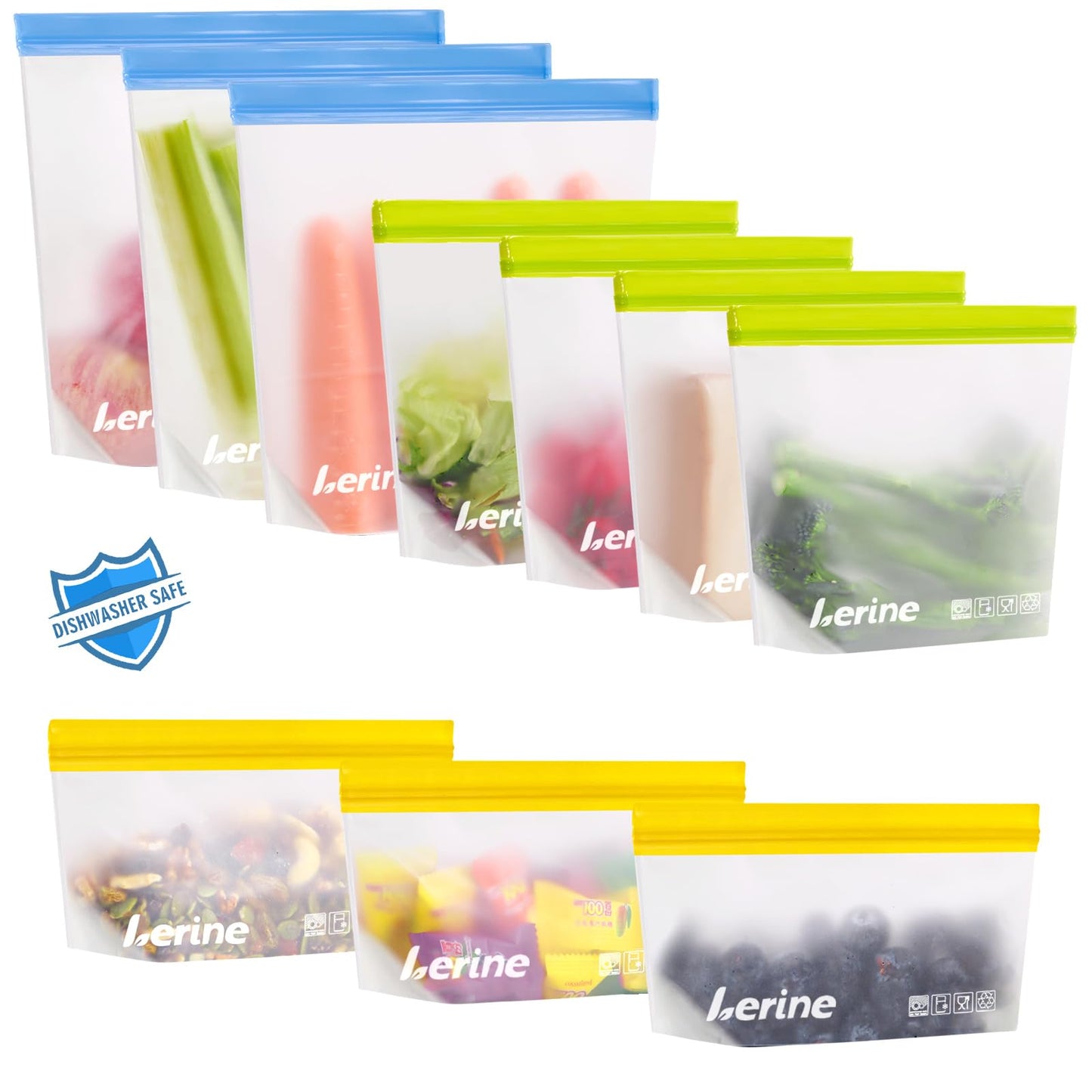 Lerine 10 Pack Stand-Up Reusable Freezer Bags, Leakproof Dishwasher Safe Food Storage Bags, BPA Free Reusable Gallon Bags for Marinating, Meal Prep (Multicolor, 3 Gallon 4 Sandwich 3 Snack)