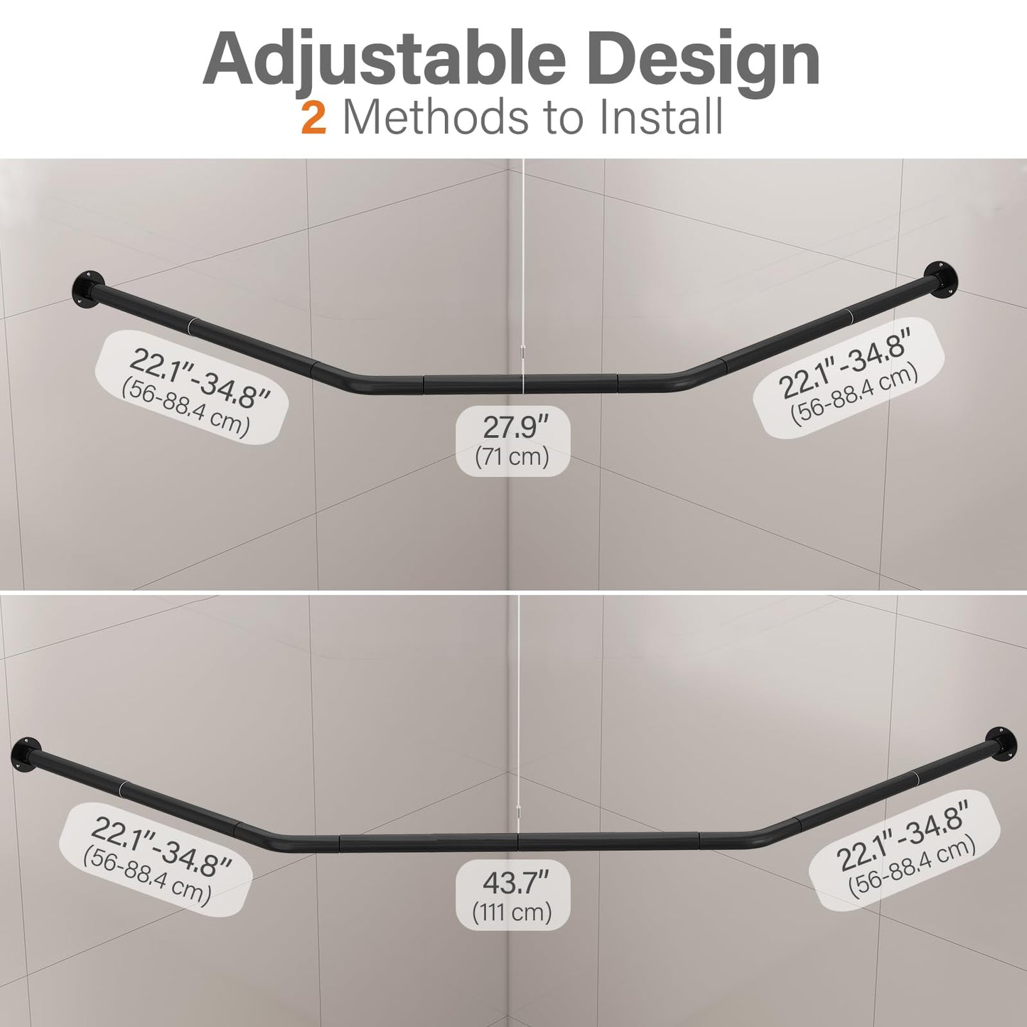 Yampos Diamond Shaped Corner Shower Curtain Rod, [Both Sides: 22"-34.8", Middle: 28"-43.7"] Adjustable Heavy Duty Angled Shower Curtain Pole for Bathroom with 12 Hooks & Ceiling Support - Matte Black