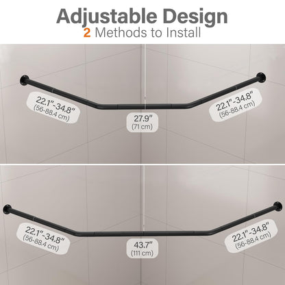 Yampos Diamond Shaped Corner Shower Curtain Rod, [Both Sides: 22"-34.8", Middle: 28"-43.7"] Adjustable Heavy Duty Angled Shower Curtain Pole for Bathroom with 12 Hooks & Ceiling Support - Matte Black