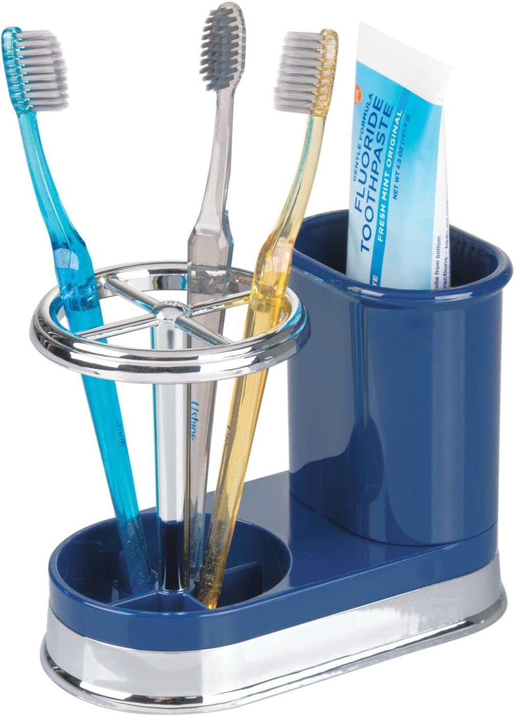 mDesign Decorative Bathroom Dental Storage Organizer for Electric Spin Toothbrush/Toothpaste - Navy Blue/Chrome
