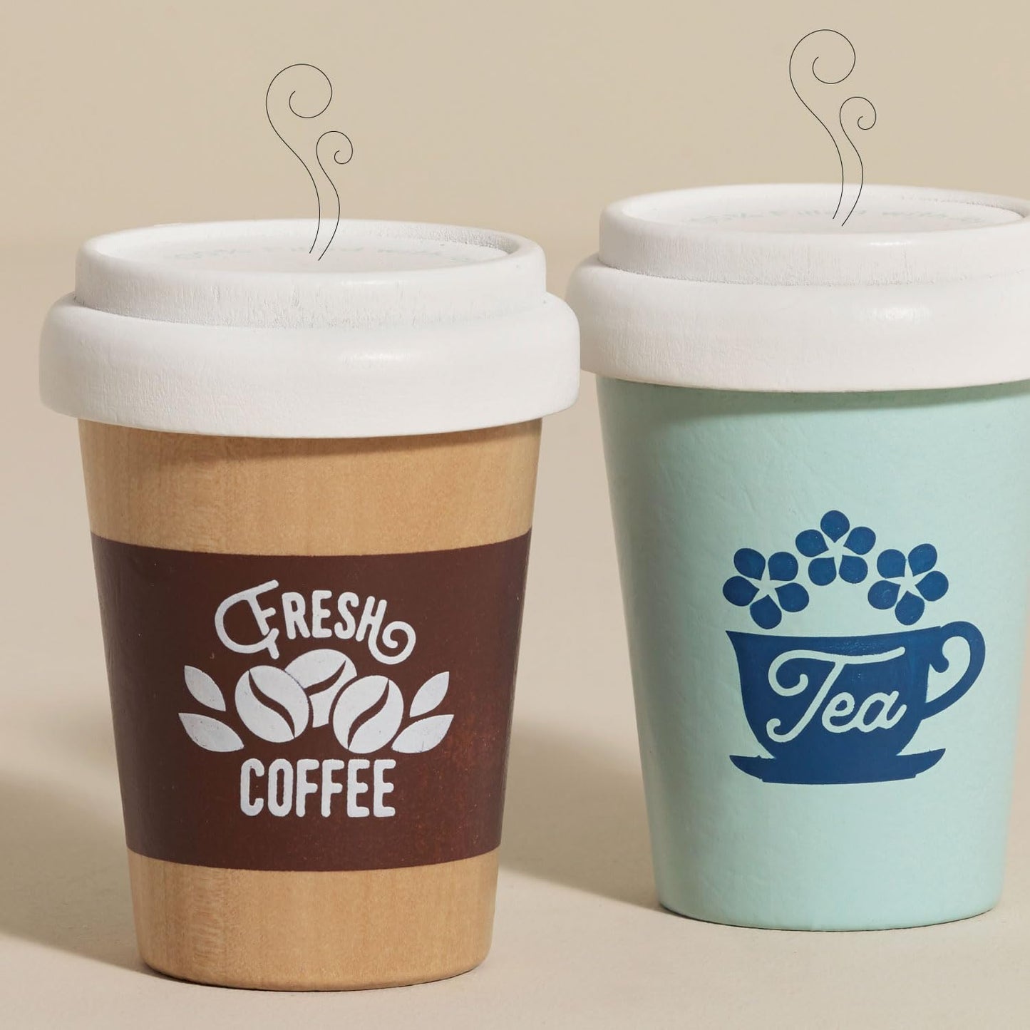 Le Toy Van - Honeybake - Take Away Coffee Cup and Tea Cup - Travel Mug Set - Kids Kitchen Accessories - Role Play Wooden Play Food - Toy Kitchen Accessories - Wooden Kitchen Toys - Age 2+ Years
