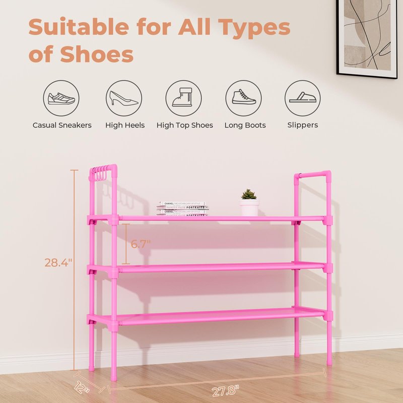 LANTEFUL 3 Tier Shoe Rack for Closet, Shoe Organizer with 5 Hooks, Long Shoe Shelf Storage for Shoe and Boot Stackable Free Standing Shoe Rack for Entryway, Garage, Small Spaces, Dorm, Pink