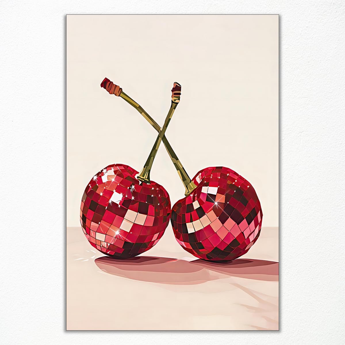 xbsifyiooa 24x36in Trendy Disco Ball Print Poster, Funky Disco Cherries Art Canvas, Pink Cherries Picture, Fruit Wall