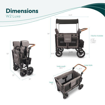WonderFold W2 Luxe Stroller Wagon - Collapsible Stroller Wagon with Steel Frame - Adjustable Canopy & Push Handle - XL All-Terrain Wheels - for Babies, Toddlers & Kids - 2 Seater - Gray