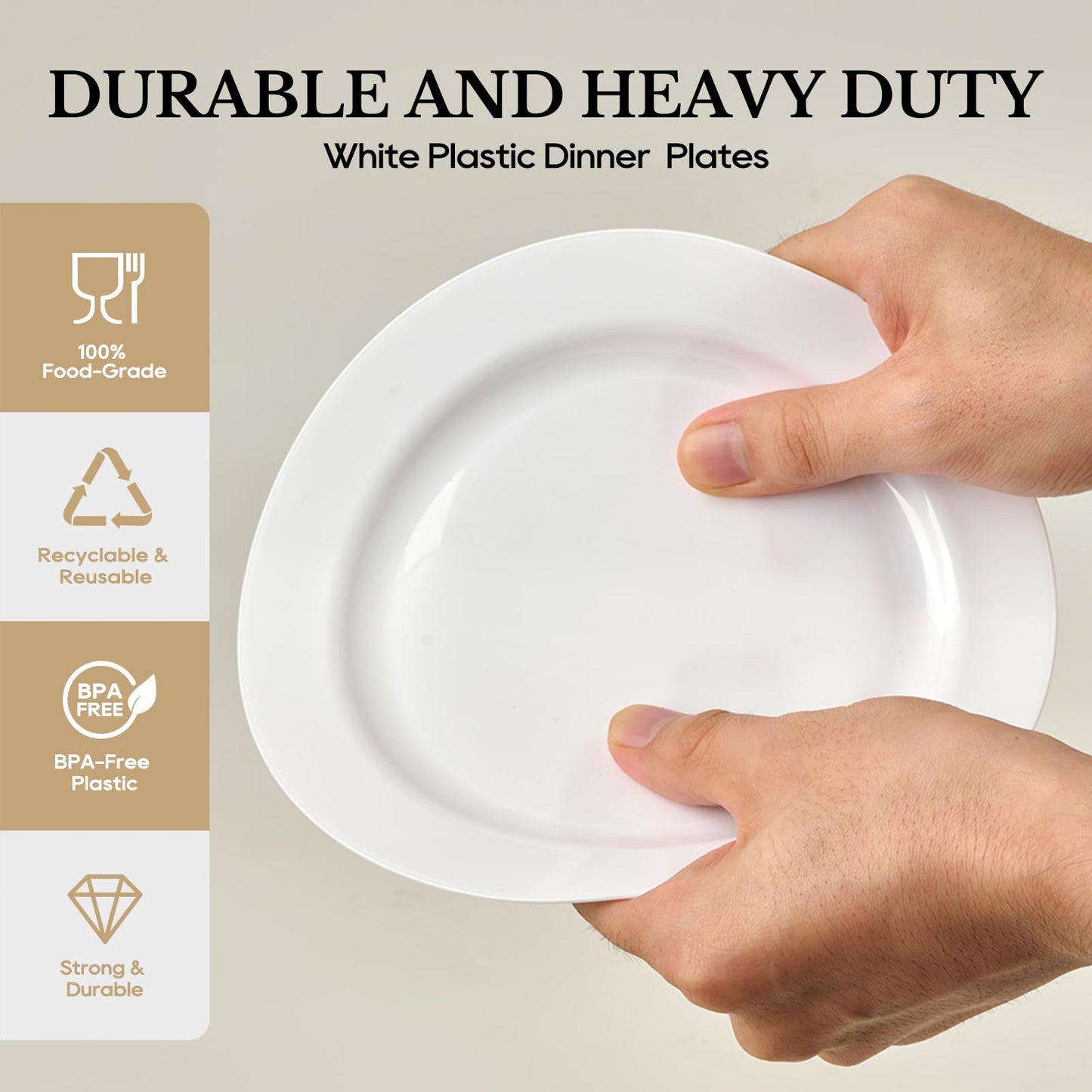 FOCUSLINE 100 Count White Plastic Plates 10 Inch, Disposable Heavy Duty Dinner Plates- Premium Hard Plastic Plates Fancy Disposable White Plates for Weddings, Parties and Events