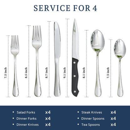 Astercook Silverware Set with Steak Knives 24-Piece Flatware Set for 4 Food-Grade Stainless Steel Cutlery Set Mirror Polished Utensils Set Include Spoons and Forks for Home Gifts for Women