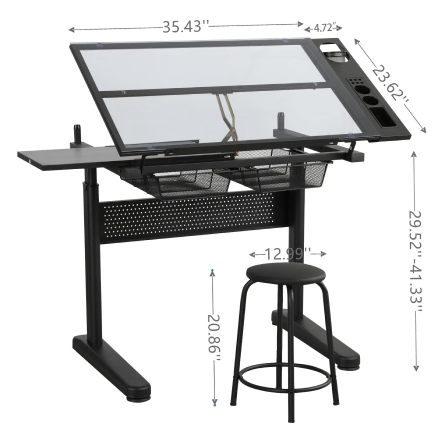 Hassyee Modern Design Hand Crank Adjustable Drafting Table Drawing Desk with Two Large-Size Metal Drawers and E0 Grade MDF Material Desktop (Black)