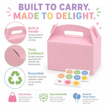 Treelement 24 Pcs Party Favor Gable Boxes with Handle and Stickers, 6×3.5×3.5 Inch Colorful Treat Boxes for Candies, Birthday, Wedding, Bridal Shower.