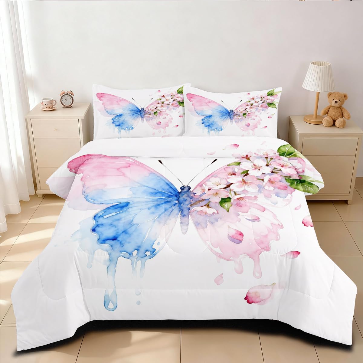 Set 3 Set 2 CCoutueChen Butterfly Comforter Queen Pieces Blue Pink Butterfly Bedding for Kids Teens Butterflies Cherry