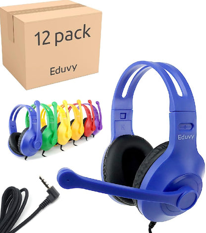 Eduvy Bulk Headphones for Classroom with Microphone, Heavy-Duty School Pack Wired Headphones for Students with Rotating Boom Mic. Teacher Must Haves from Elementary to College (12 Pack Mixed Color)