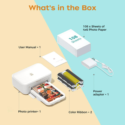 HPRT Photo Printer 4x6 with 108 Sheets & 2 Cartridges, Instant Picture Printer for iPhone & Android, Bluetooth Dye Sublimation Phone Photo Printer, Home Use, Ideal Gift, White