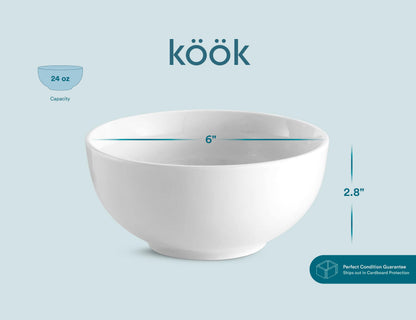 KooK Ceramic Cereal Bowls, Microwave, Dishwasher and Freezer Safe, Porcelain Dishes for Soup, Pasta, Salad, Oatmeal, Deep Interior, 24 oz, Set of 6, Marshmallow White