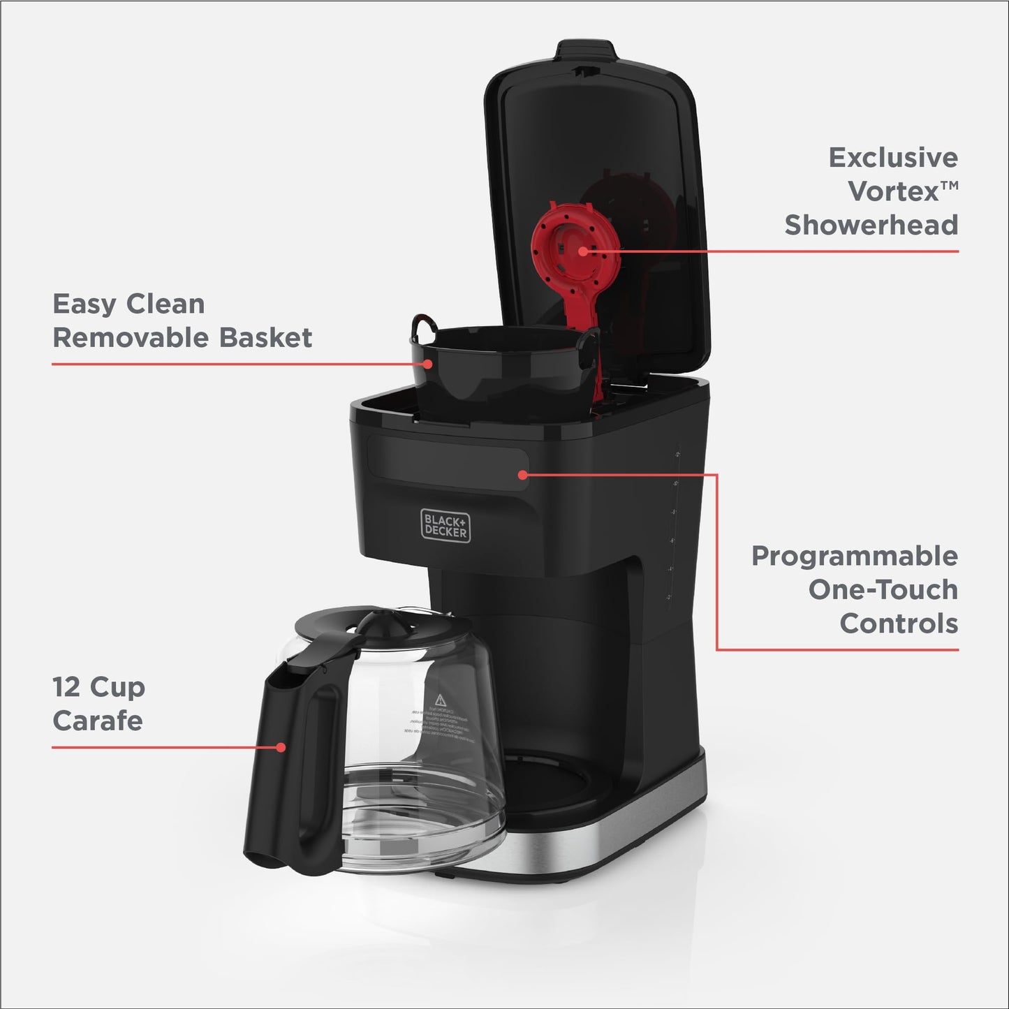 BLACK+DECKER CAFÉCRAFT 12-Cup Programmable Coffee Maker, Stainless Steel Drip Coffeemaker with Vortex Showerhead, Strength Selector, Sneak-A-Cup, Keep Warm
