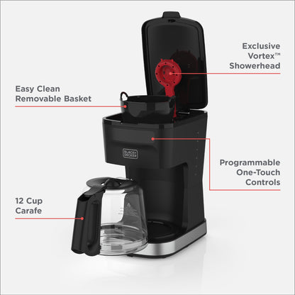 BLACK+DECKER CAFÉCRAFT 12-Cup Programmable Coffee Maker, Stainless Steel Drip Coffeemaker with Vortex Showerhead, Strength Selector, Sneak-A-Cup, Keep Warm