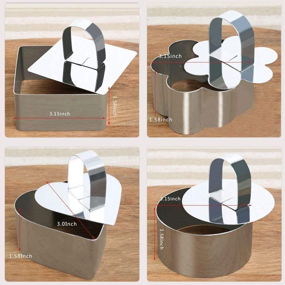 Stainless Steel 3D Cake Molds with Pusher Lifter, Set of 4 Baking Dish Tools for Cupcake, Mousse, Salad