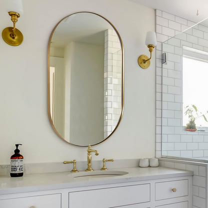 ANDY STAR 26x38 Inch Gold Oval Mirror, Oval Brass Mirror Pill Shaped Stainless Steel 1’’ Deep Metal Frame Wall Mounted Vertically & Horizontally Ideal for Limited Space