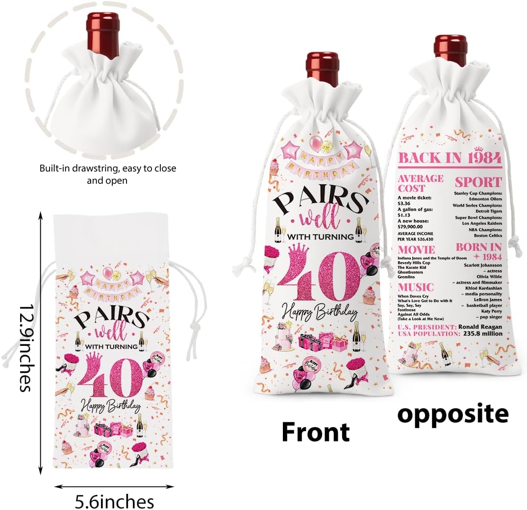 40th Birthday Gifts Wine Bag for Women Men, 40 Year Old Birthday Gifts, Happy 40th Birthday Party Decorations, Pairs