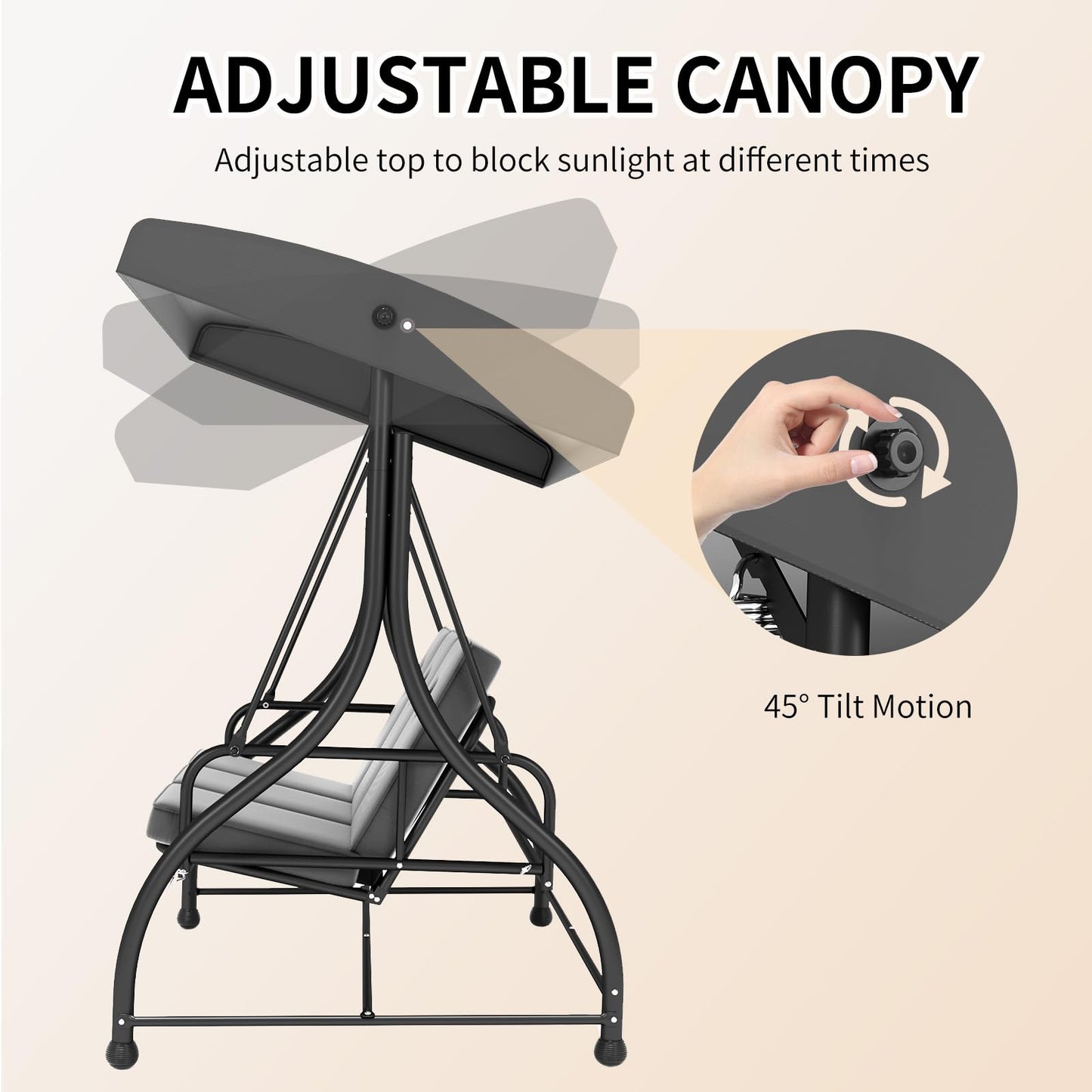 3-Seat Outdoor Porch Swing Glider with Adjustable Canopy, Patio Swings Bed with Removable Cushion for Porch, Backyard, Garden, Poolside, Balcony - Gray
