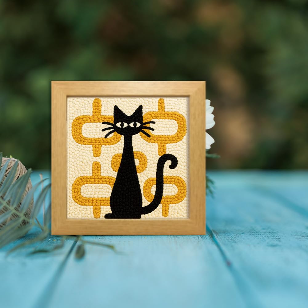 FREEBLOSS DIY Punch Needle Kit Abstract Cat Punch Needle Embroidery Wall Hanging Painting Punching Needles Starter Kit for Beginners with Complete Tools, Already Framed, 9.4x9.4inch