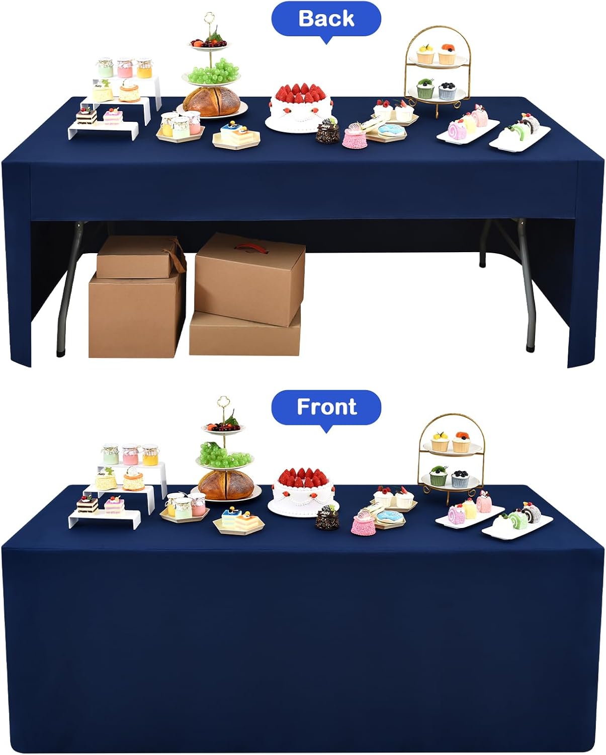 2 Pack 4ft (48x24 Inch), 3-Sided Wolkemer Open Back Fitted Tablecloth Rectangle Vendor Table Cloth Washable Navy Fabric
