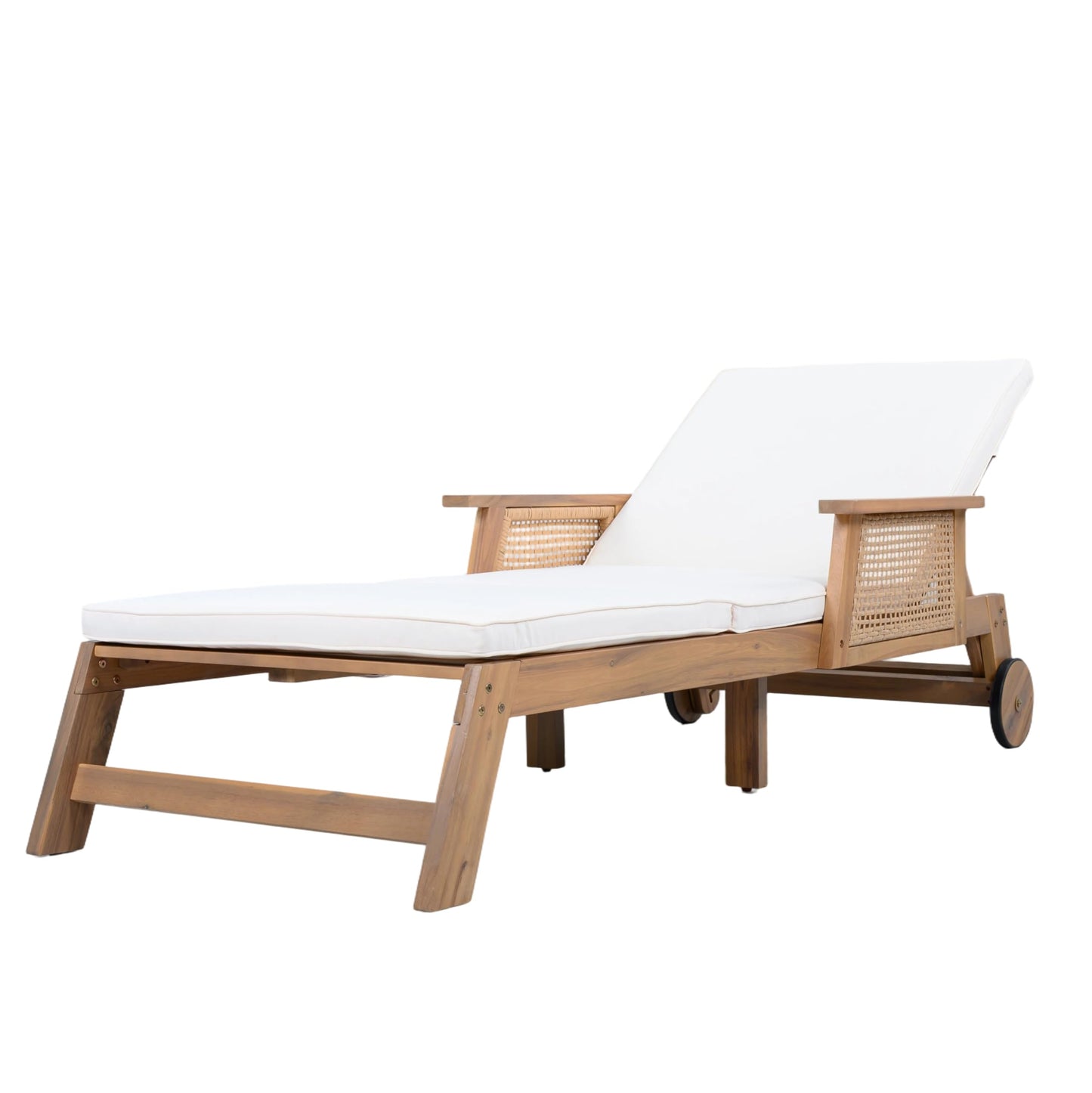 Christopher Knight Home Revia Chaise Lounge Outdoor with Wheel and Armrests, Acacia Wood Patio Chaise Lounge with Cushion, Adjustable Backrest Poolside Sun Lounger, Sunbathing Chair, Teak+Light Beige
