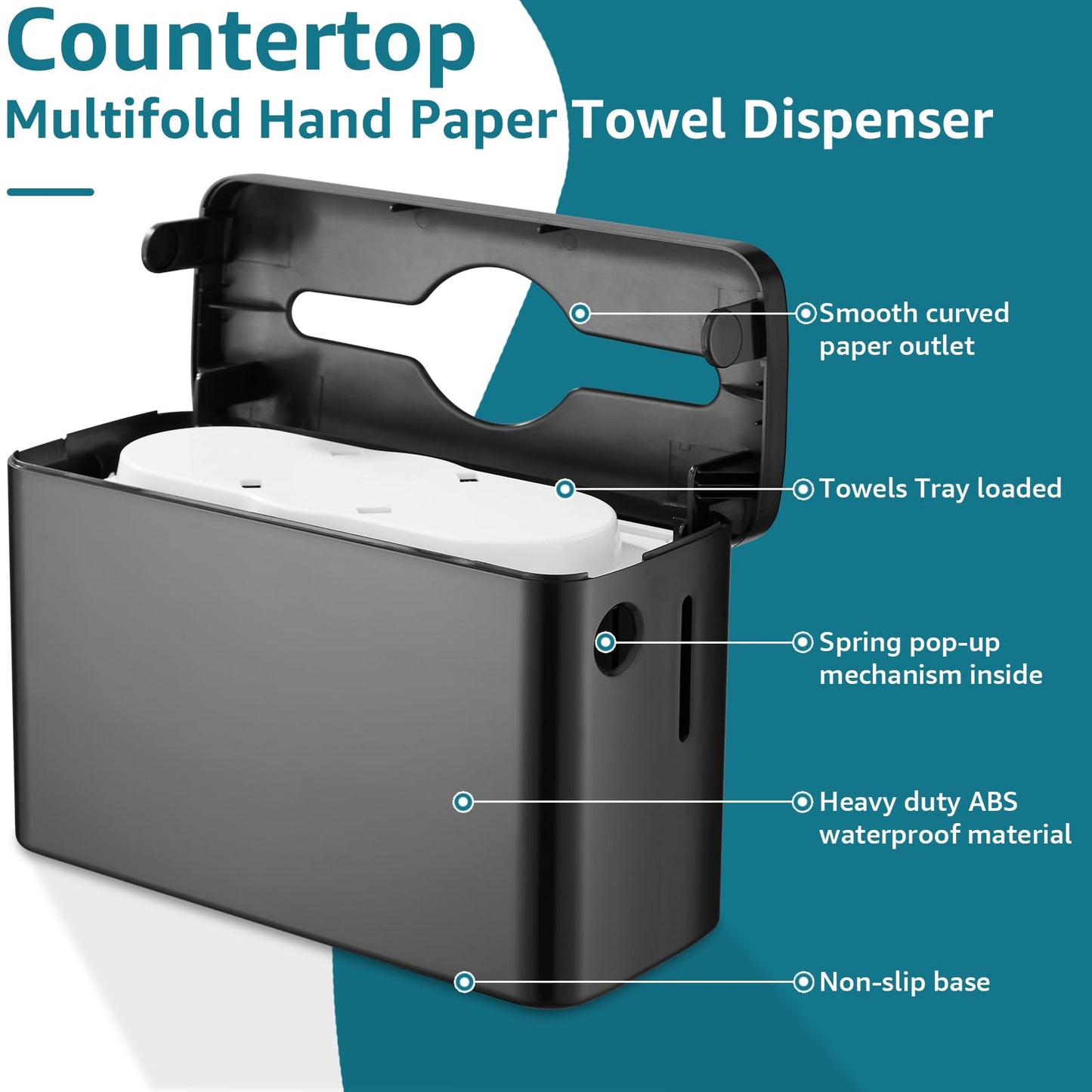 Multifold Paper Towel Dispenser Countertop, Heavy Duty Wide-Design, 300-Sheet Large Capacity Black Paper Towel Holder, Compatible with Tork, AmazonCommercial, Kleenex, Scott, Pacific Multifold Towels