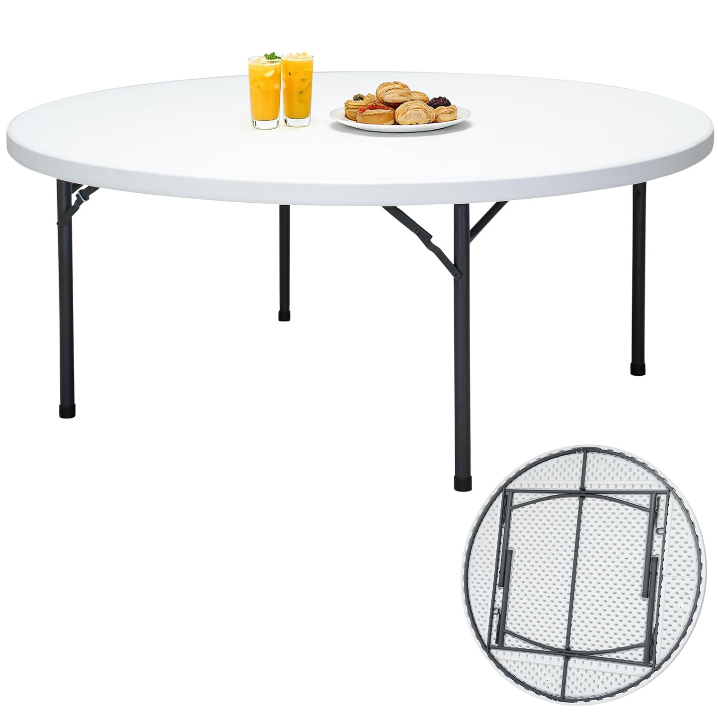 MAKE CHANGES 71" Folding Round Table, Plastic Dinner Table, Portable Folding Banquet Table for Living Room, Party or Outdoor Event, White