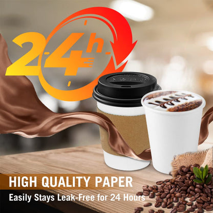 Ginkgo 100-Pack 8 oz Thickened Disposable Coffee Cups with Lids and Sleeves, To Go Cups for Hot Beverages, Perfect for Hot Coffee, Cocoa, and Chocolate