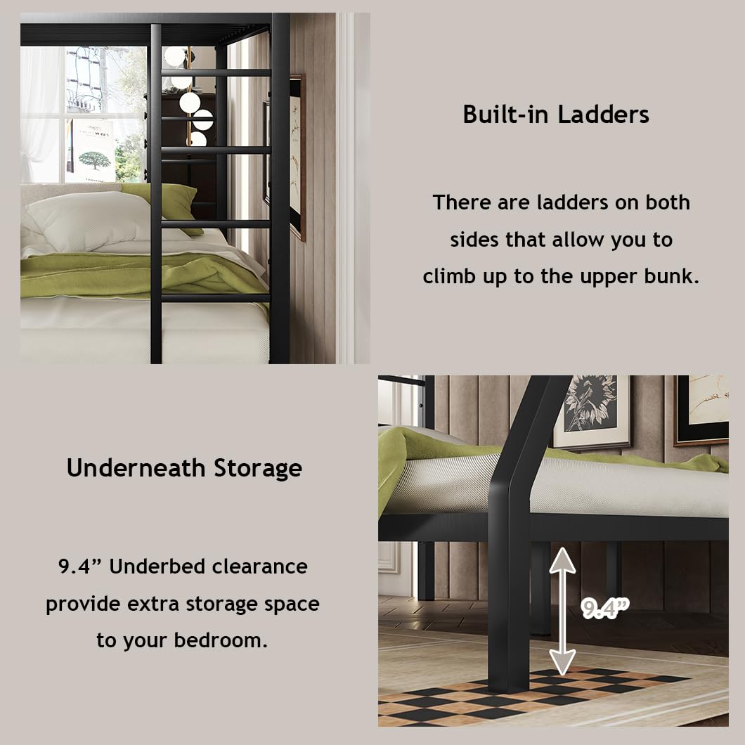 Bellemave Twin XL Over Queen Bunk Bed for Adults, Twin XL Over Queen Bunk Beds Frame with 2 Ladder and Full Length Guardrail, Easy Assemble, Mattress Not Included, Black