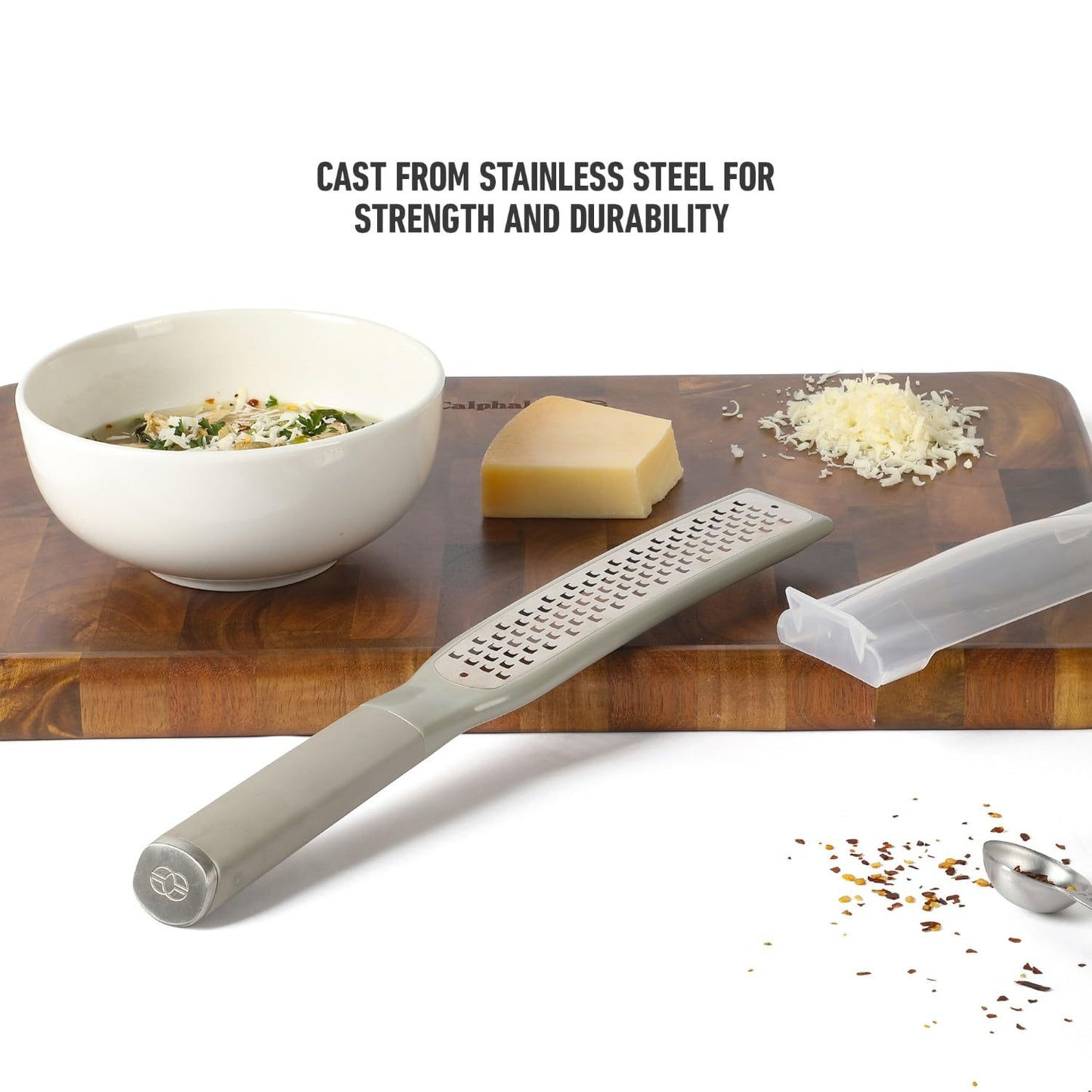Calphalon Edge Stainless Steel Handheld Grater Lemon Zester W/Cover & Rubber Handle - Taupe