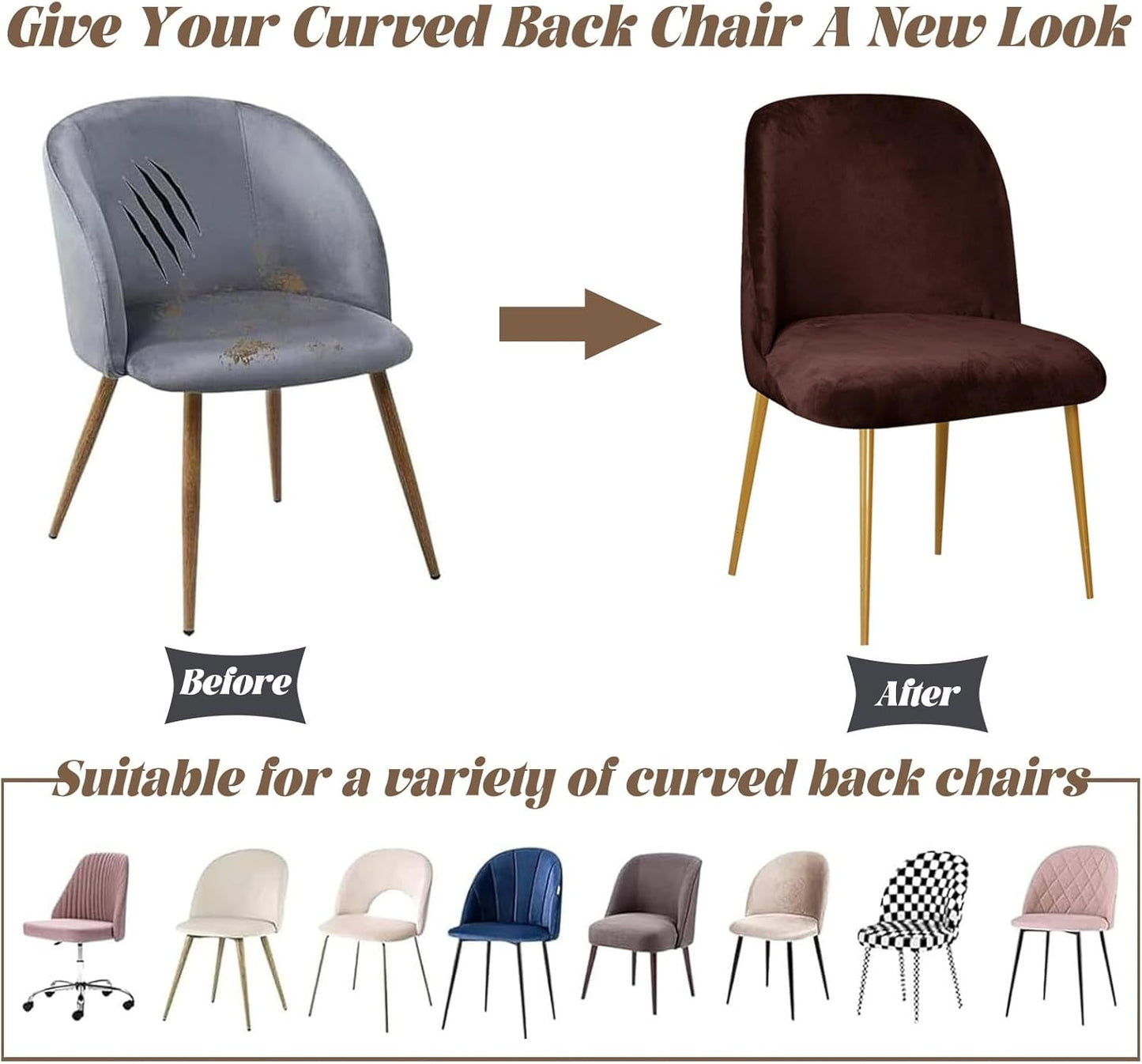 Set 1/2/4/6 Armless Velvet Curved Back Chair Covers Round Back Dining Room Chair Covers Slipcovers of Mid Century