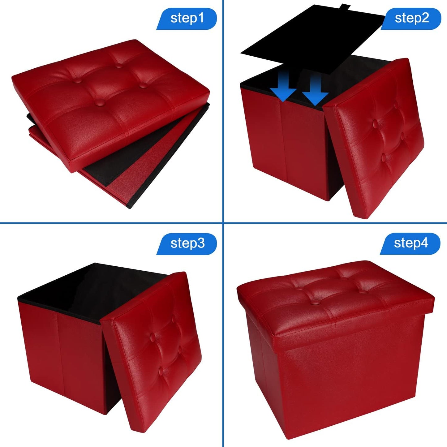 17x13x13in,Red Bsketa Storage Ottoman, Folding Foot Stool with Thicker Foam Padded Seat Small Leather Storage Ottoman