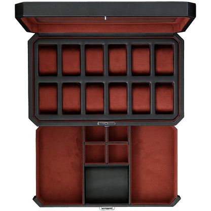 Gift Set 12 Slot Leather Watch Box with Valet Drawer & Matching Double Watch Winder - Luxury Case Display Organizer, Locking Mens Jewelry Watches Holder, Men's Storage Boxes Glass Top Black/Red