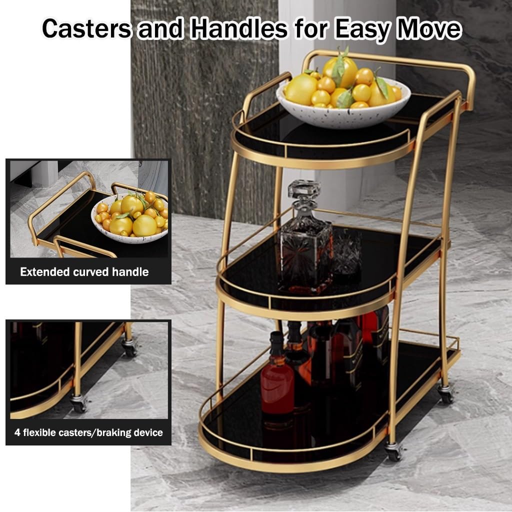 FGQuelleBM Luxury 3-Tier Serving Cart with Handles, Hotel Beverage Cart with Brake Wheels & Glass Top for Wine, Dishes & Salad(Gold Black)