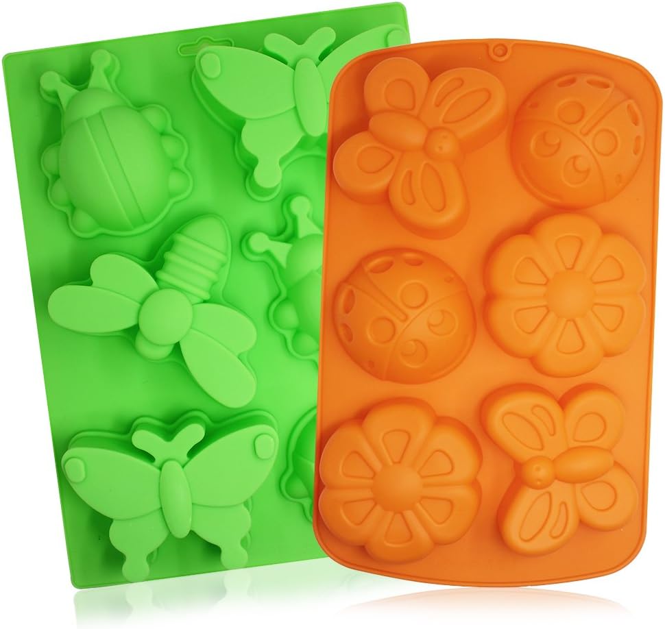SENHAI 2 Pcs Insect Shape Silicone Trays, 6-Cavity 3D Dragonfly Butterfly Ladybug Cake Baking Molds - Orange, Green