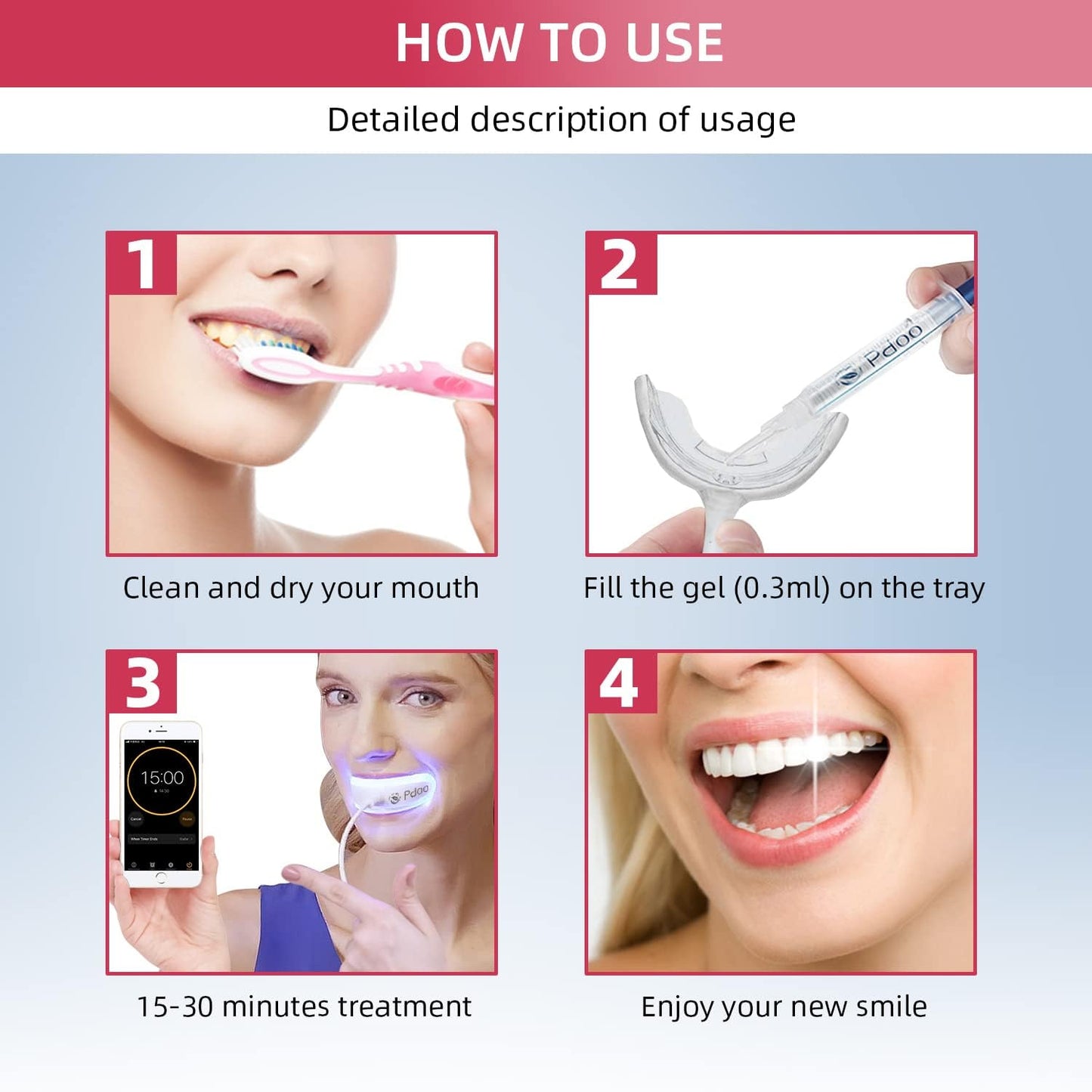 Pdoo Teeth Whitening Kit with LED Light for Sensitive Teeth, Fast Results for Brightening at Home, Teeth Whitening Gel Helps Remove All Kinds of Stains