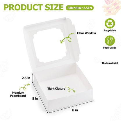 YODYZJ 20-Pack Bakery Boxes with Window, 8"x8"x2.5" White Treat Boxes for Dessert, Cookie, Chocolate Strawberry, Donut and Pastry