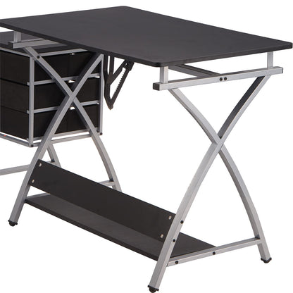 Adjustable Drafting Table for Artists with Stool, Sturdy X-Cross Metal Frame Drawing Table with Storage Drawers, Art Desk with Tilted Tabletop, Craft Station Writing Computer Desk, Black