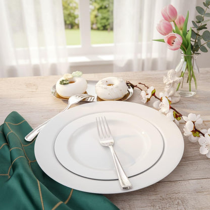 FLOWERCAT 60PCS White Plastic Plates - Heavy Duty White Disposable Plates for Mother's Day/Birthday Party/Wedding -serve for 30 guests Include 30PCS 10.25" & 30PCS 7.5" Plates for Party