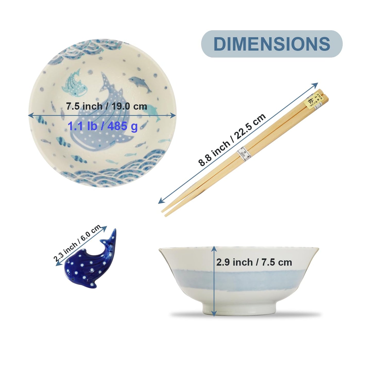 Whale Shark Donburi set, Microwave-Safe Bowl and Chic Chopstick, Whale Shark Chopstick Rest, Pair Set in Sea-Inspired Gift Box, For Ramen, Bowls, Rice Bowls, Soup Bowls.