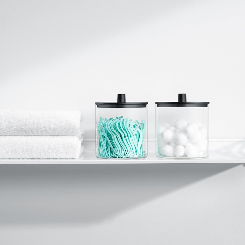 TIPGO Glass Qtip Holder Dispenser - 24 oz Clear Canister Jar, Bathroom Vanity Storage Organizer for Cotton Swabs, Pads, Floss Picks, Small Containers for Makeup Storage (Black)