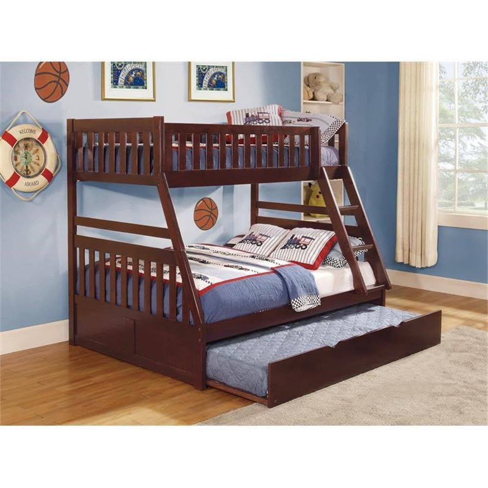 Pemberly Row Wood Twin Over Full Bunk Bed with Trundle Bed/Top Bed Guard Rail/Box Spring Not Required/Cherry Brown