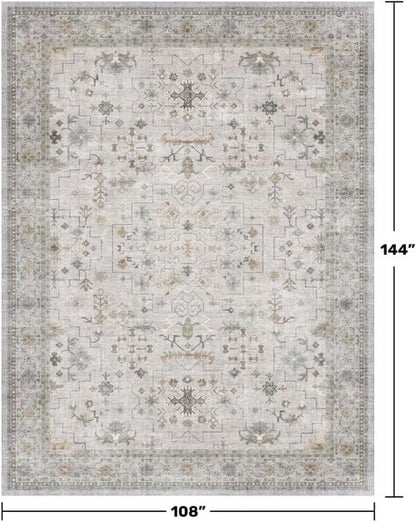 Hazo Haus Boho Living Room Rug - Light Grey Floral Design | Washable Low Pile 9x12 Extra Large Area Rug
