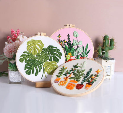 Konrisa Embroidery Kits for Adults Beginner, European Style Garden Plant Green Leaf Stamped Embroidery Starter Kit,DIY Sewing Practice, Needlepoint Cross Stitch Kit,Set of 3