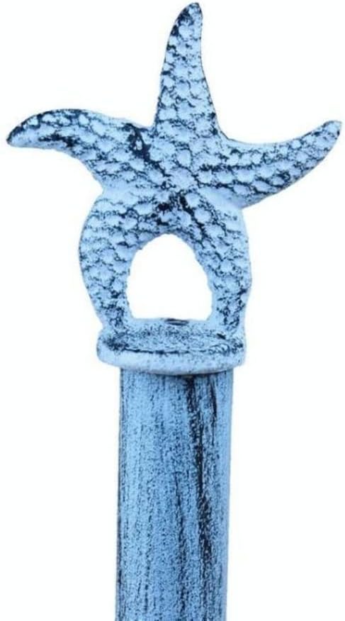 15" Handcrafted Nautical Decor Rustic Dark Blue Whitewashed Cast Iron Starfish Paper Towel Holder - Starfi
