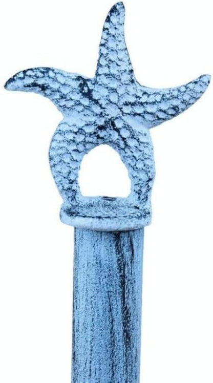 15" Handcrafted Nautical Decor Rustic Dark Blue Whitewashed Cast Iron Starfish Paper Towel Holder - Starfi